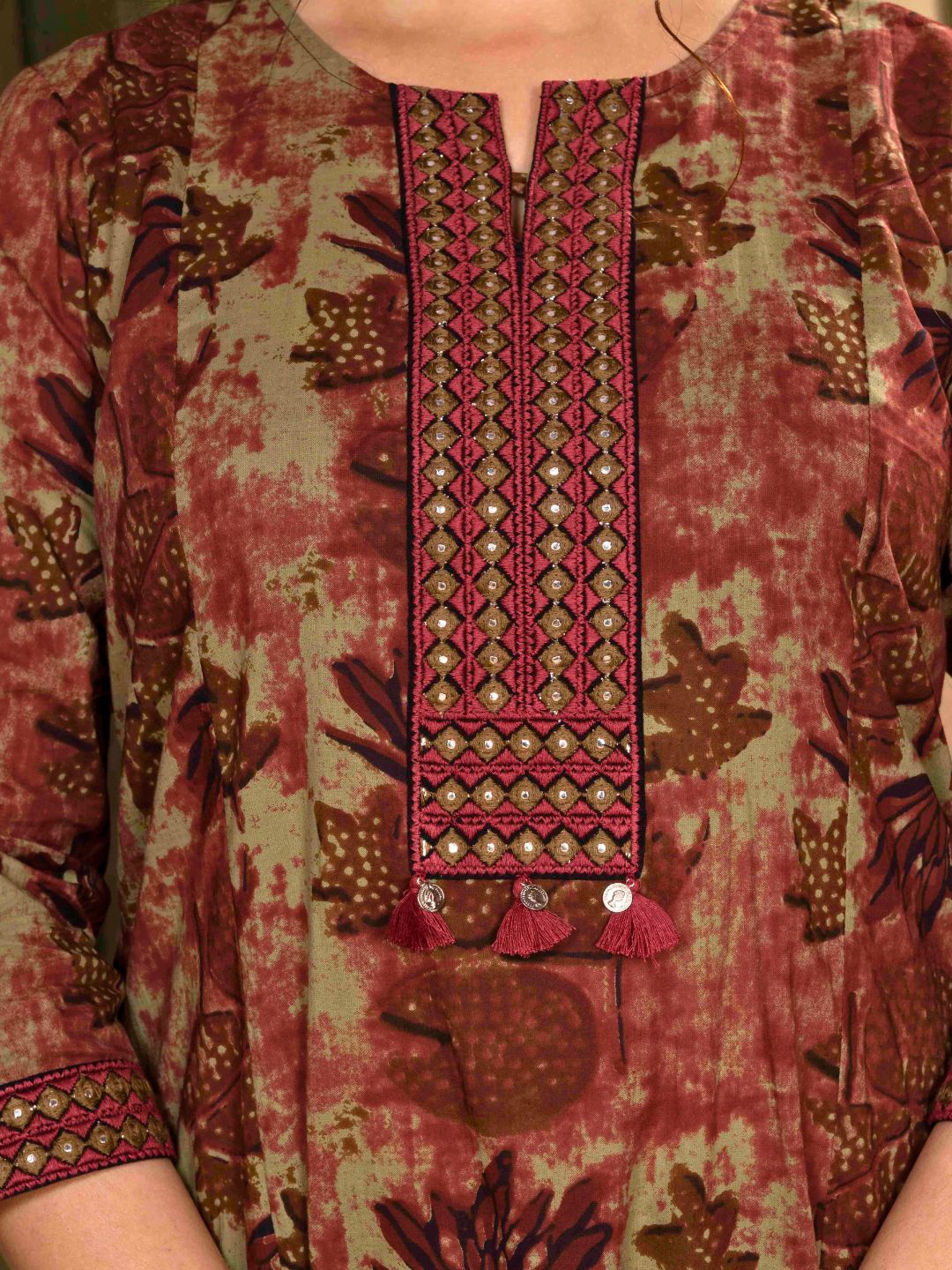 Rust Cotton Floral Sanganeri Kurta with Ornate Embroidered Neckline