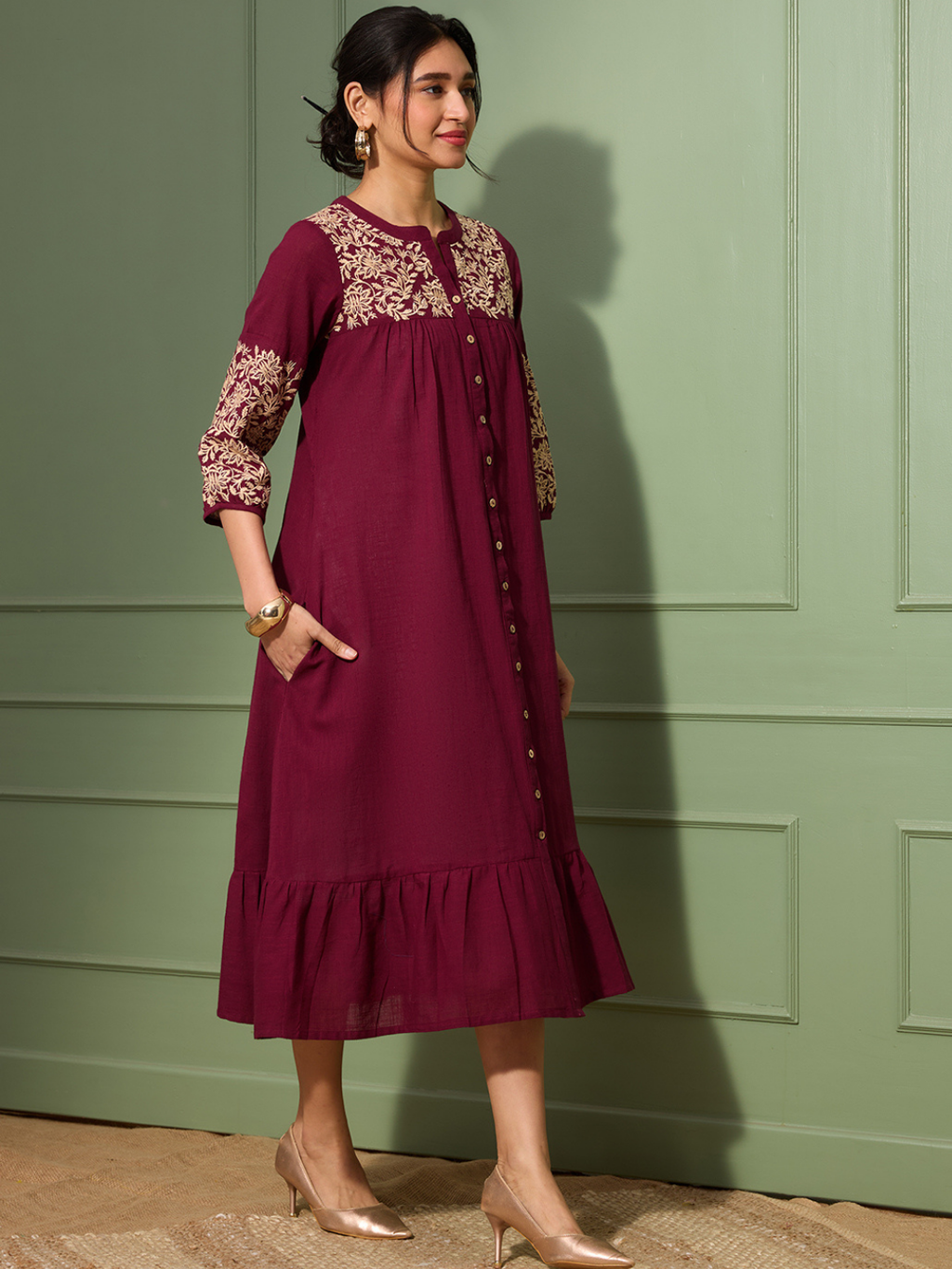 Burgundy Boho Chic Embroidered Dress