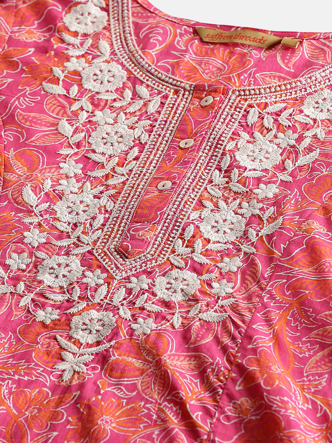 Pink Floral Print Cotton Kurta with Chikankari Yoke Embroidery