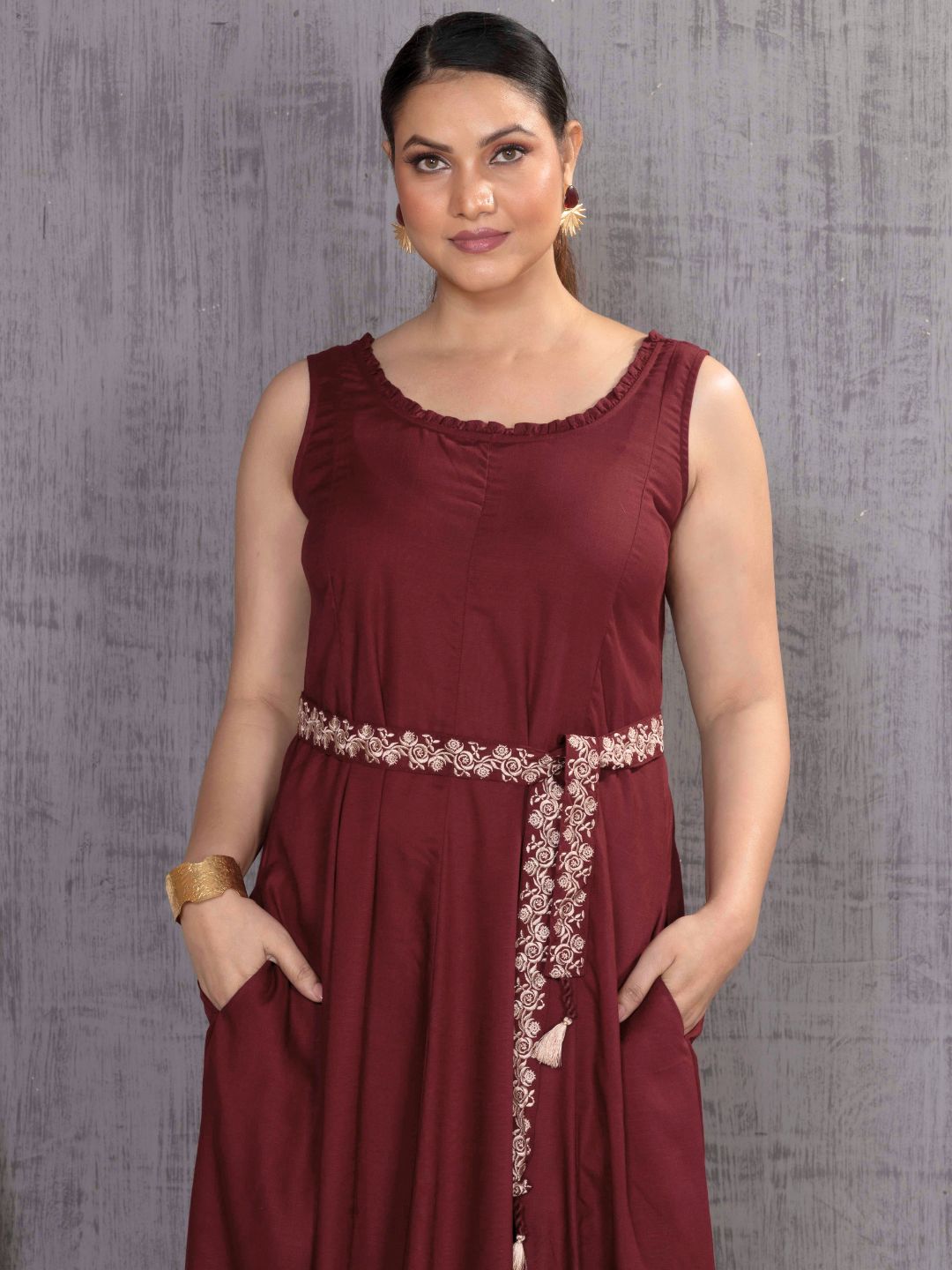 Vintage Wine Parsi Gara Belted A-Line Dress