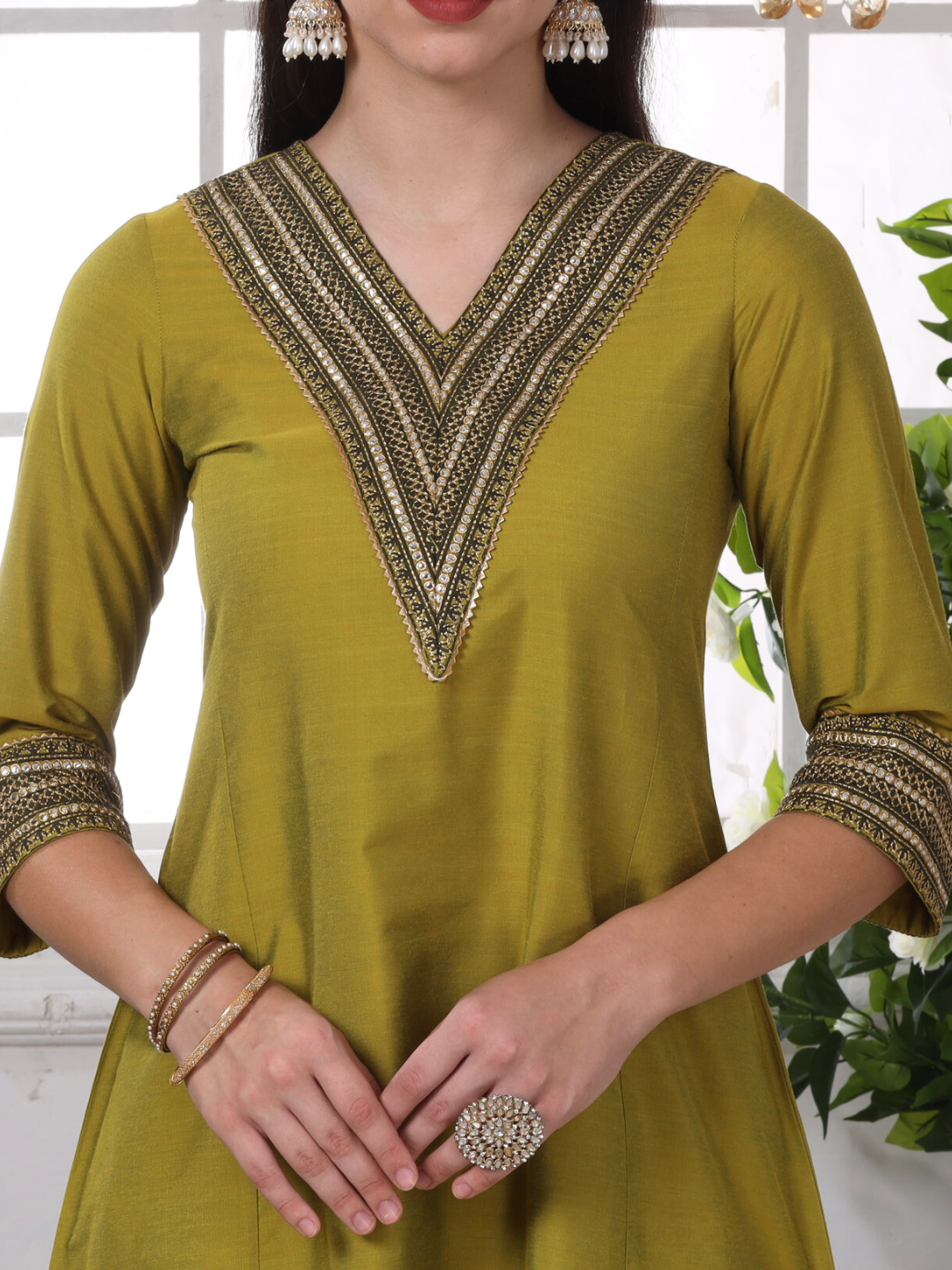 Green Art Silk Embroidered Lace Kurta and Palazzo Set