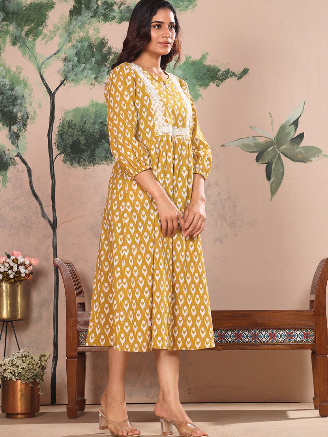 Golden Ochre Cotton Slub Dress Waist Yoke with Embroidery