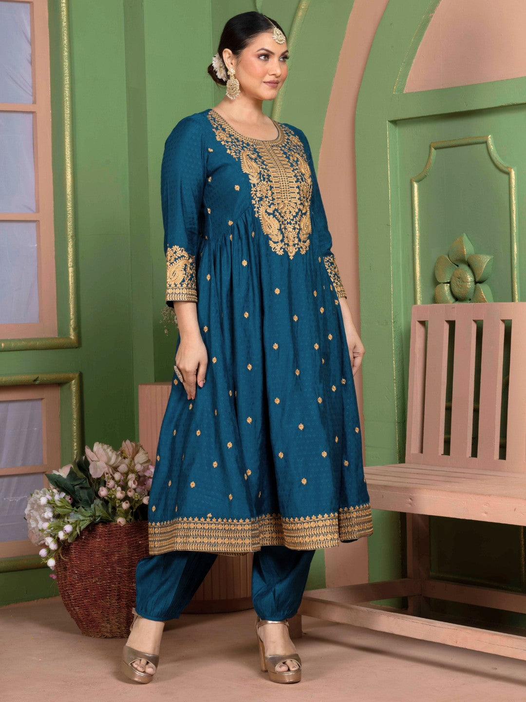 Midnight Teal Kashida Embroidered Fit and Flare Kurta with Salwar and Dupatta