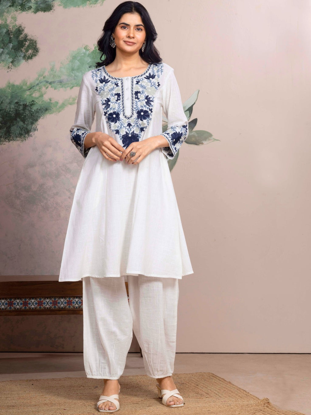 Soft White Kashida Embroidered A-Line Cotton Kurta Set with Salwar