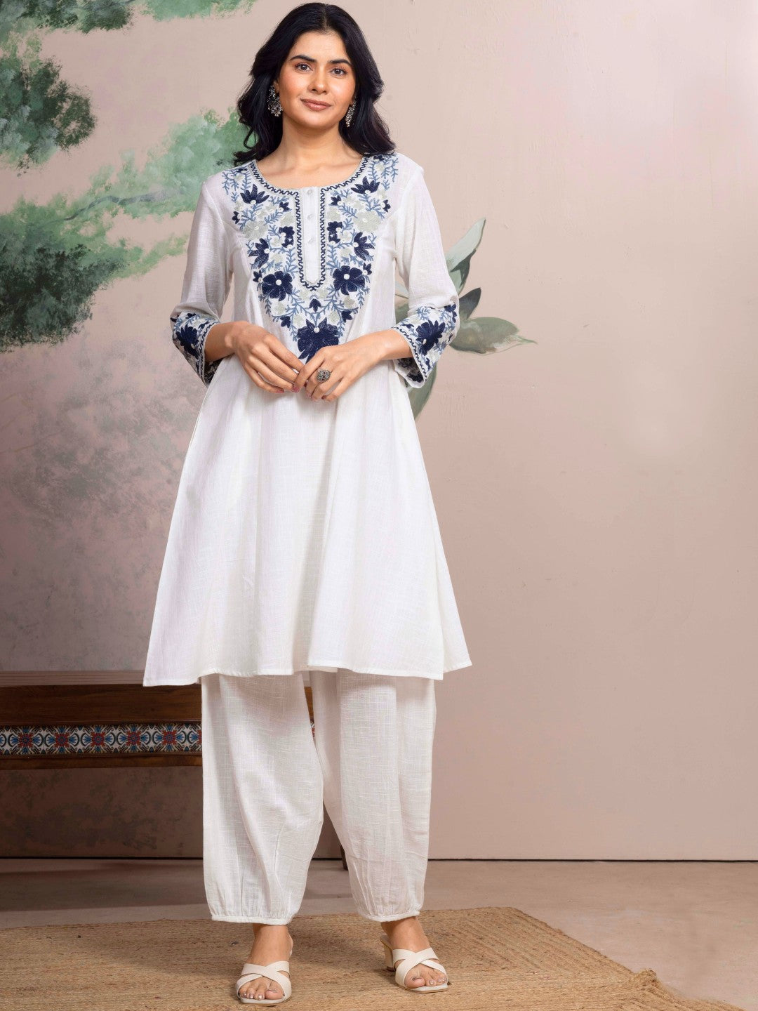 Soft White Kashida Embroidered A-Line Cotton Kurta Set with Salwar
