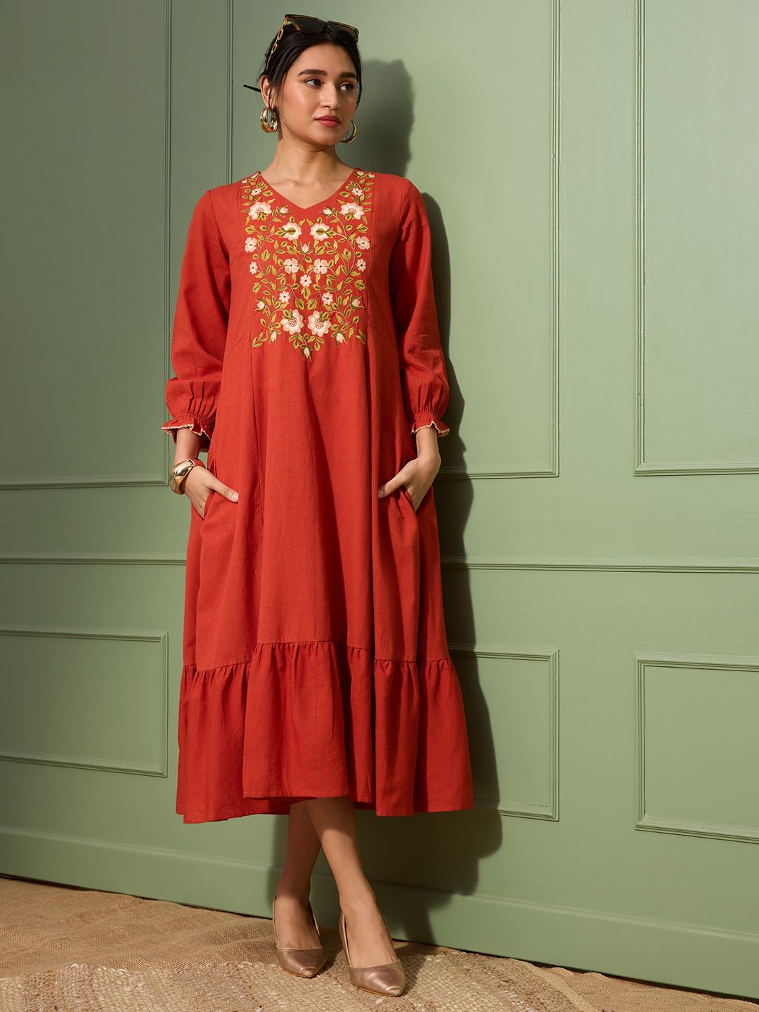 Terracotta Rust Embroidered Cotton Linen Dress