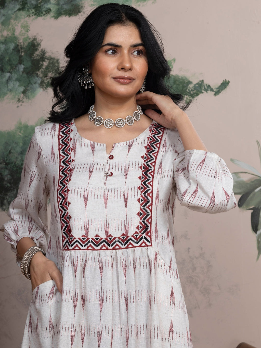 Ecru Dobby Kurta with Deep Red Motifs & Embroidered Yoke