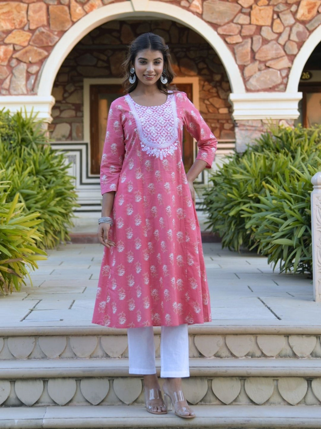 Coral Floral Print Kurta with Lucknowi Chikankari Embroidery