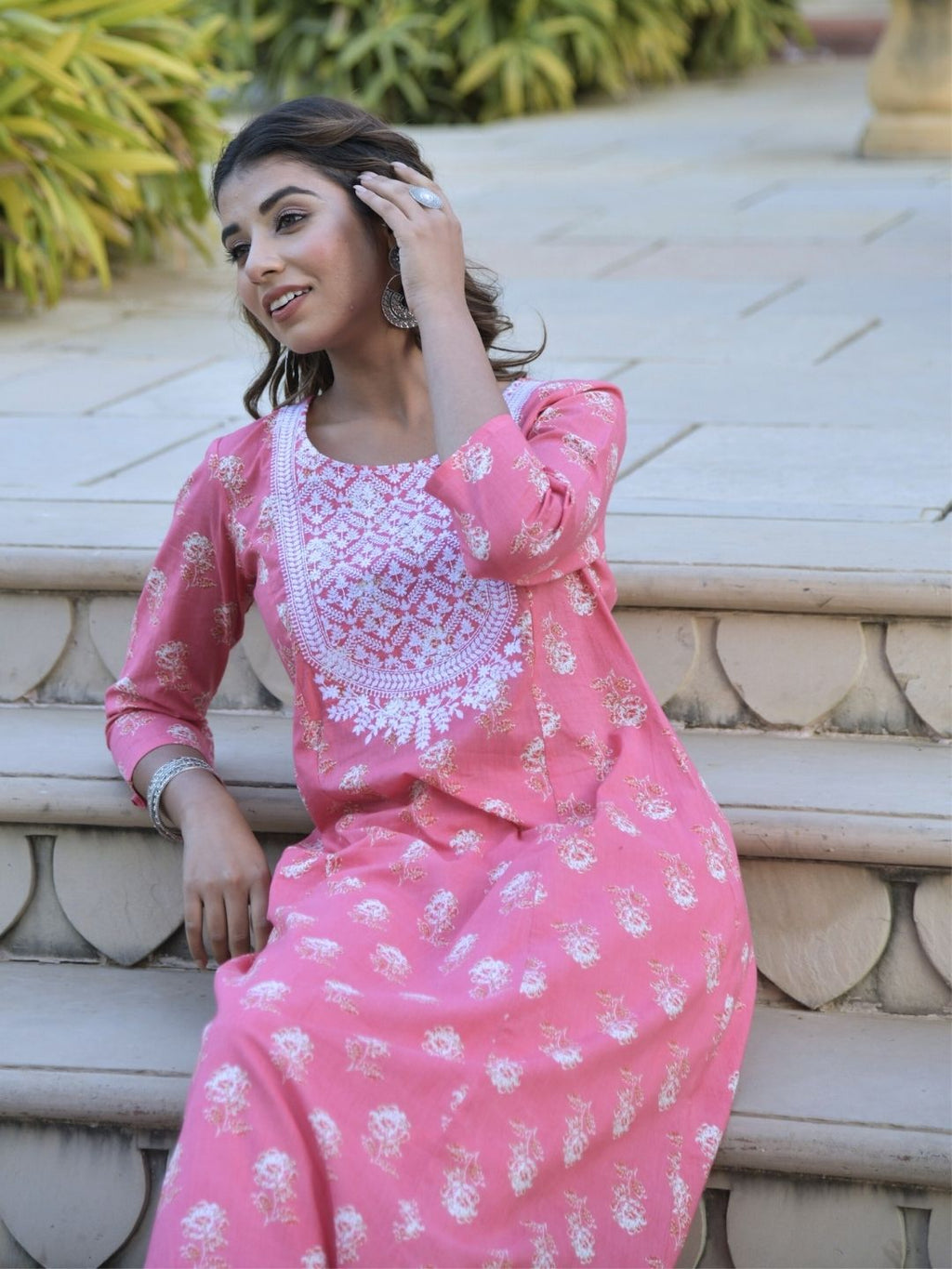 Coral Floral Print Kurta with Lucknowi Chikankari Embroidery