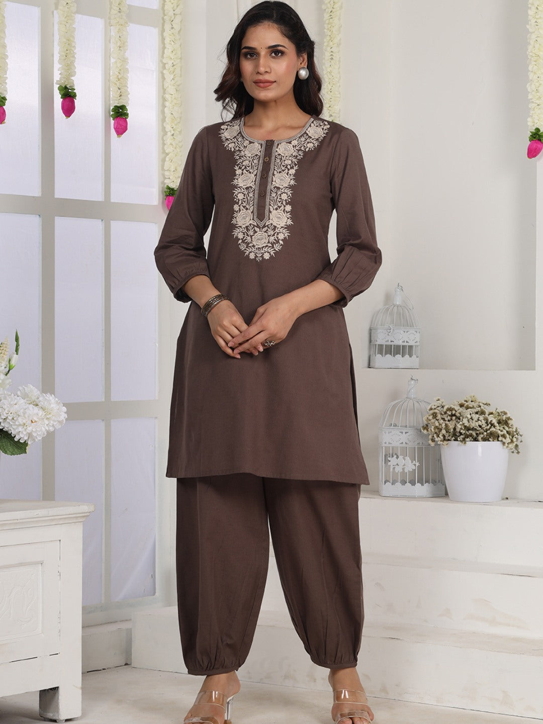 Vintage Walnut Embroidered Kurta Set with Piping Salwar