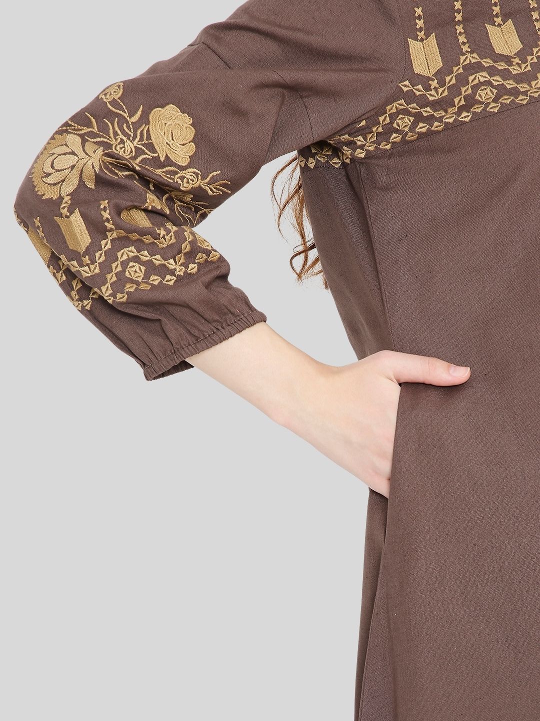 Brown Boho Midi Dress with Embroidered Details