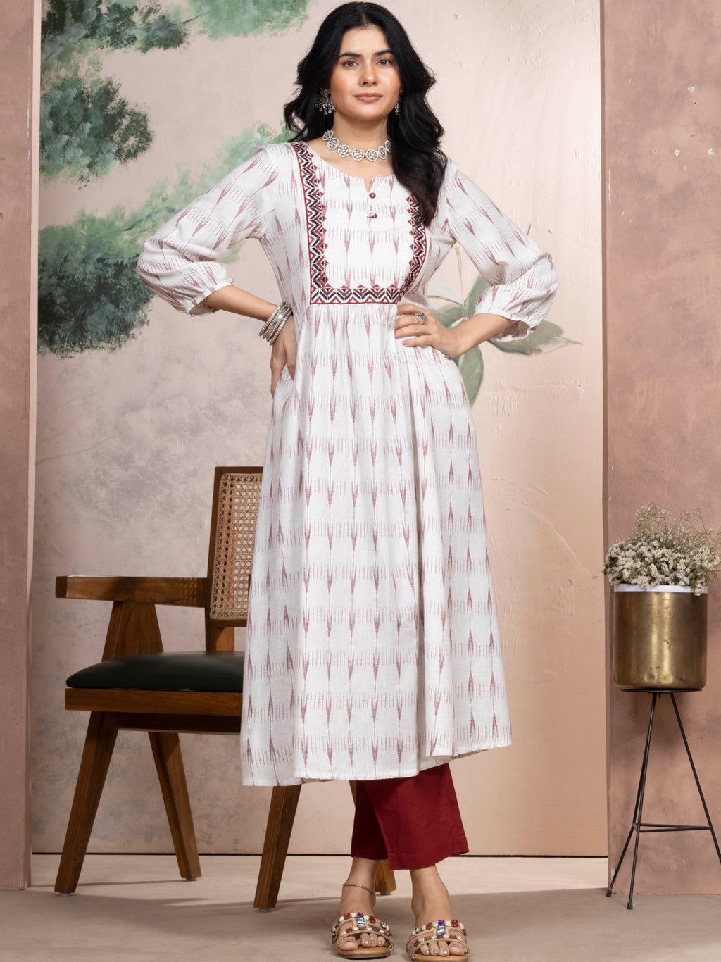 Ecru Dobby Kurta with Deep Red Motifs & Embroidered Yoke