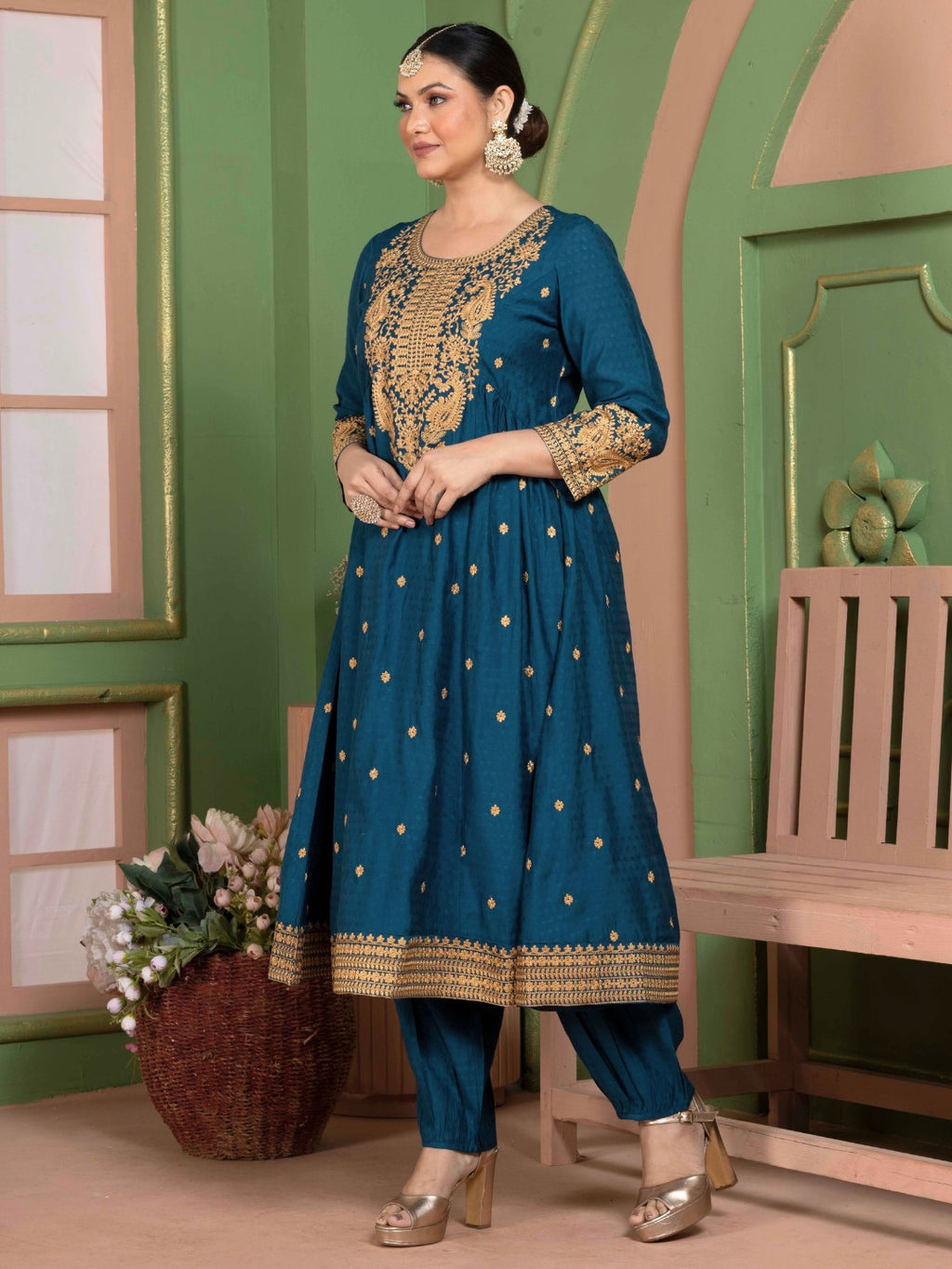 Midnight Teal Kashida Embroidered Fit and Flare Kurta with Salwar and Dupatta