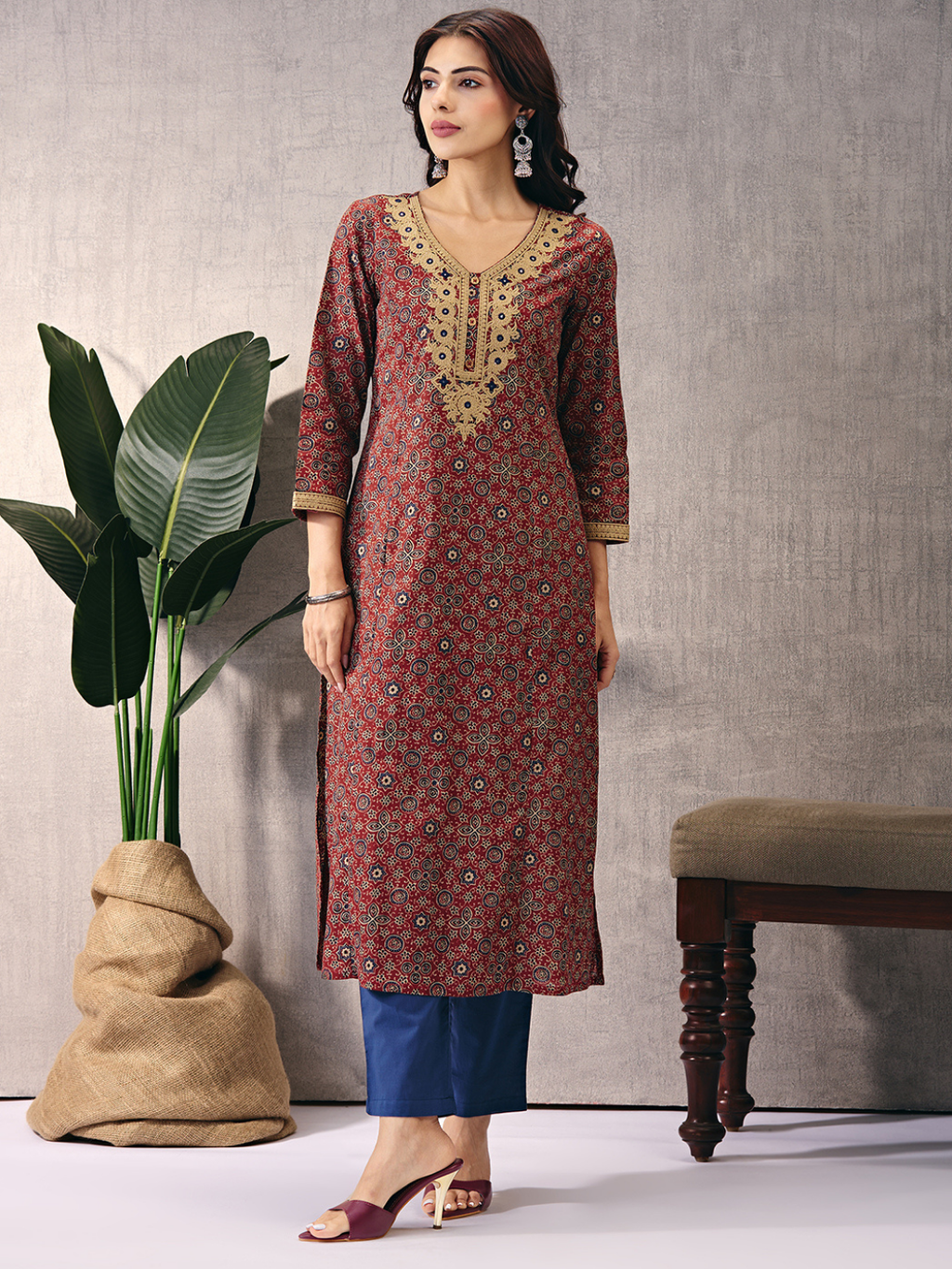Maroon Sanganeri Block Motifs Kurta with Embroidery