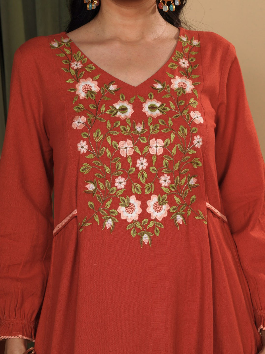 Terracotta Rust Embroidered Cotton Linen Dress