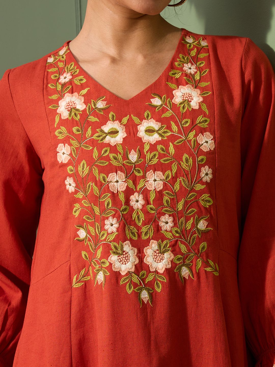 Terracotta Rust Embroidered Cotton Linen Dress
