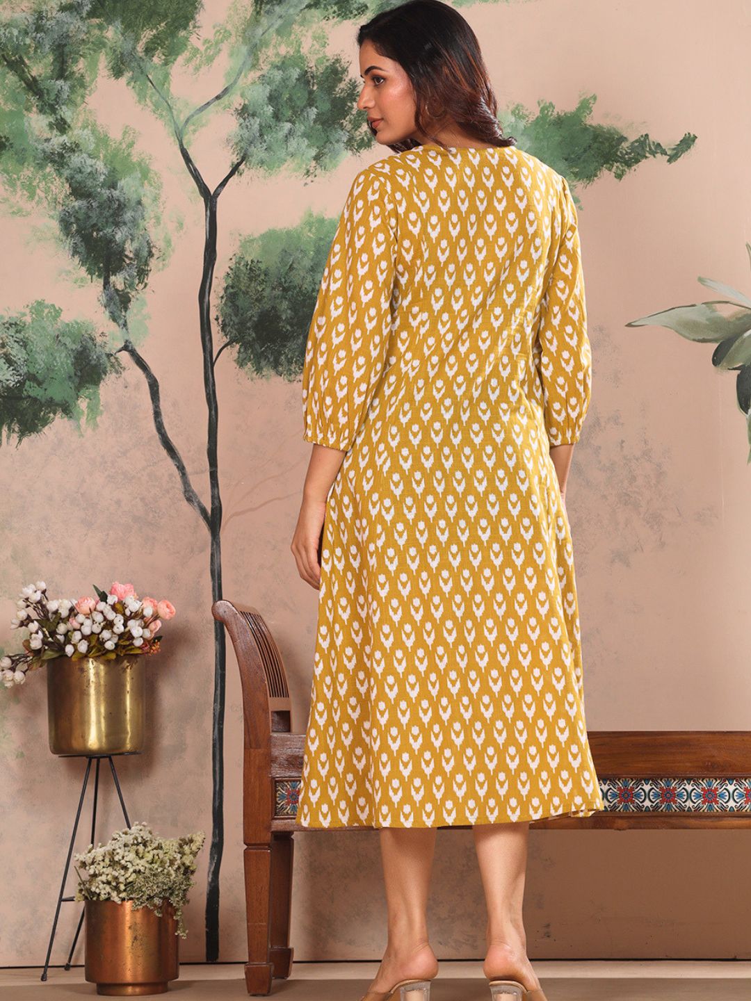 Golden Ochre Cotton Slub Dress Waist Yoke with Embroidery