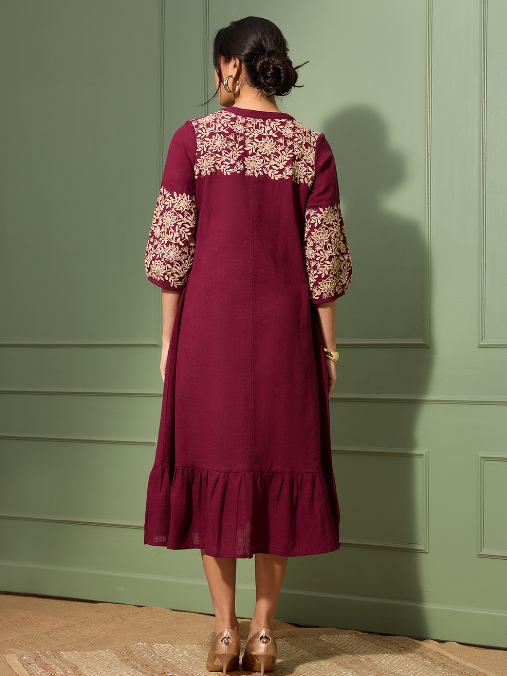 Burgundy Boho Chic Embroidered Dress