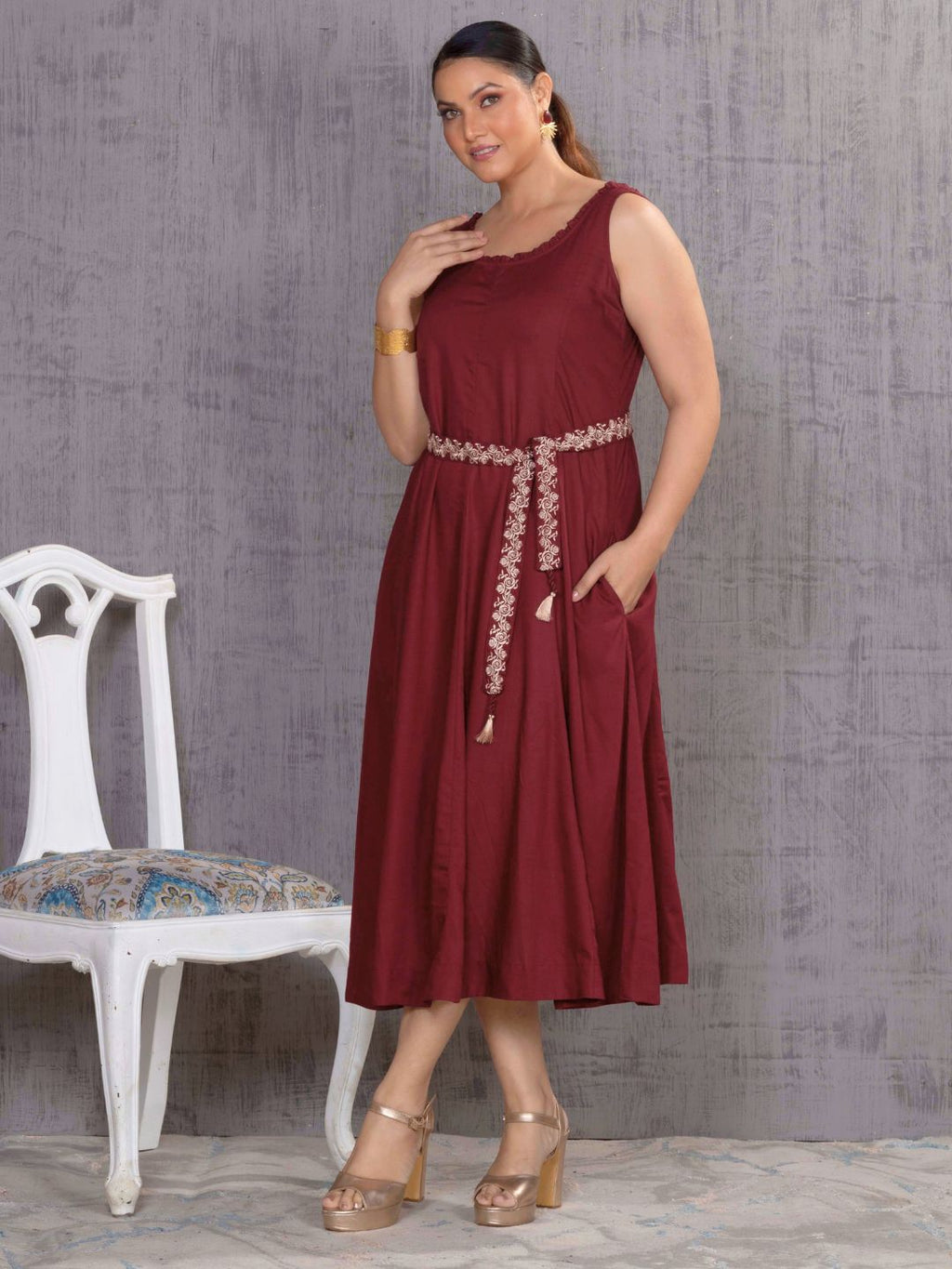 Vintage Wine Parsi Gara Belted A-Line Dress