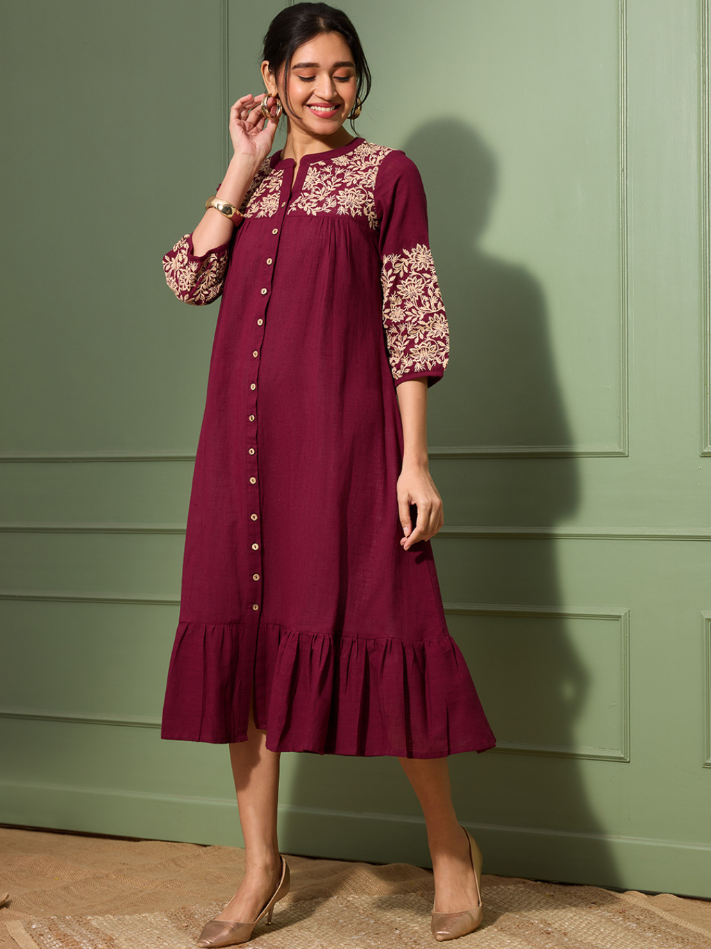 Burgundy Boho Chic Embroidered Dress