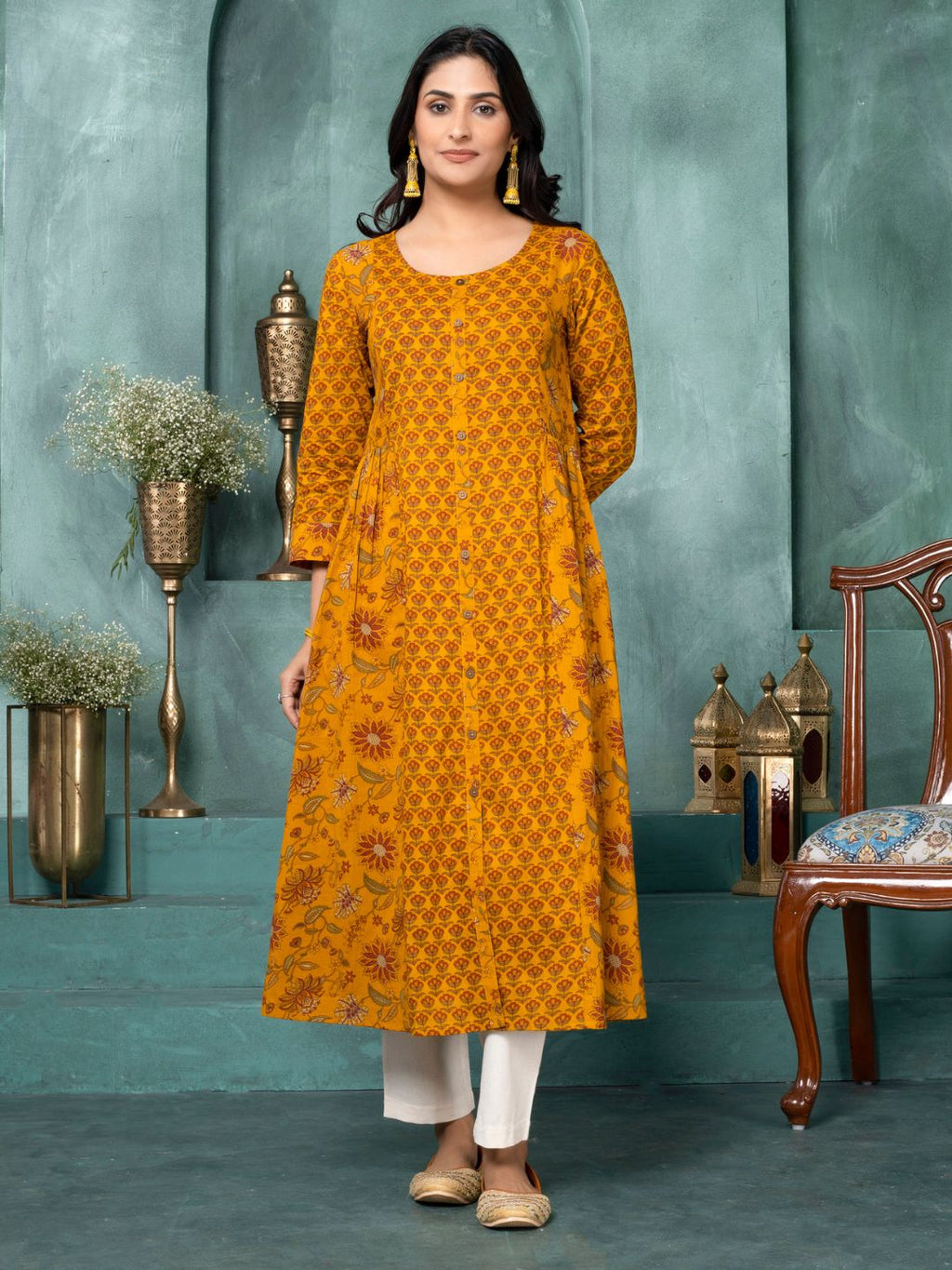 Mustard Ornate Bloom Panelled Kurta