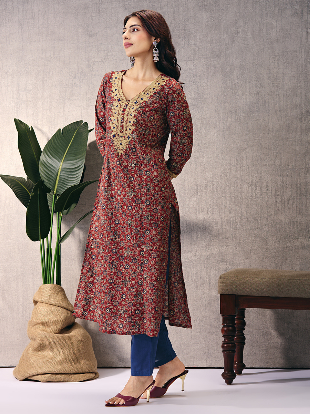 Maroon Sanganeri Block Motifs Kurta with Embroidery
