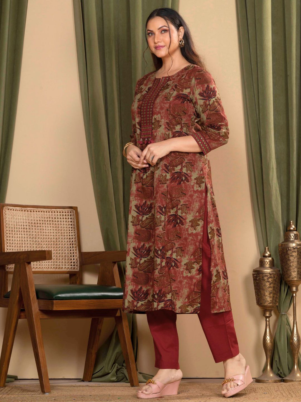 Rust Cotton Floral Sanganeri Kurta with Ornate Embroidered Neckline