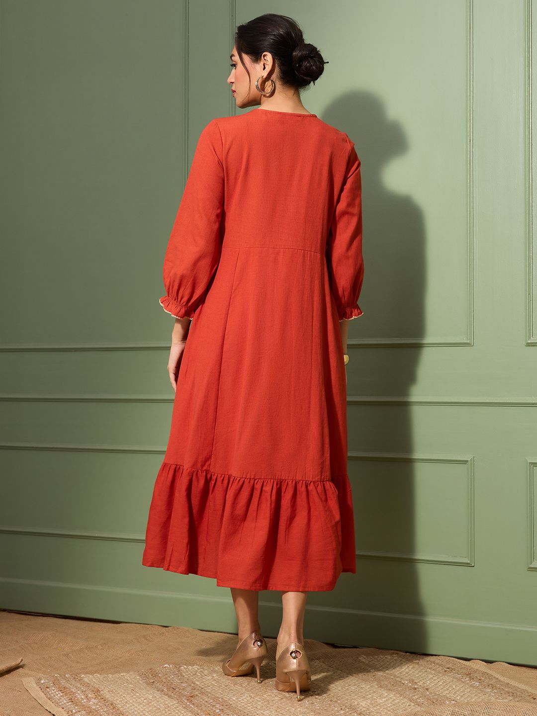 Terracotta Rust Embroidered Cotton Linen Dress