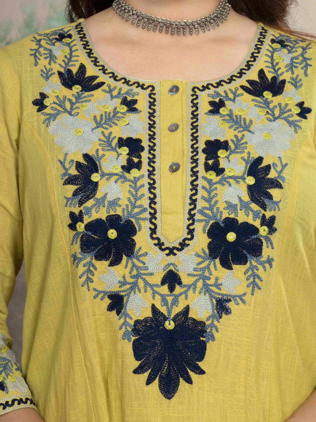 Lime Blossom Kashida Embroidered A-Line Cotton Kurta Set with Salwar