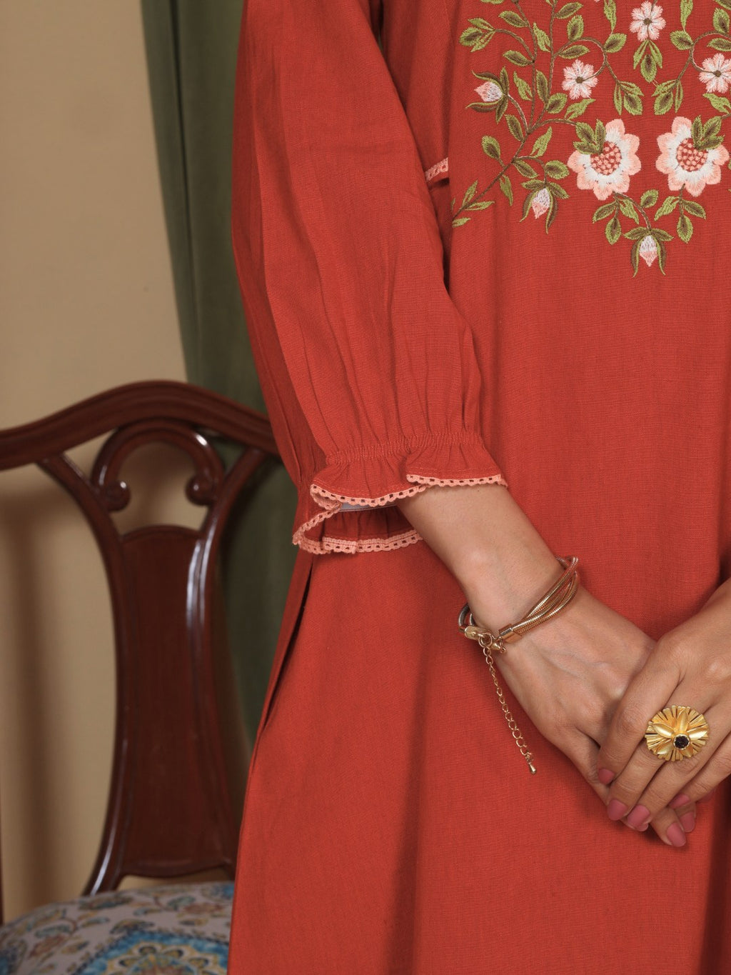 Terracotta Rust Embroidered Cotton Linen Dress