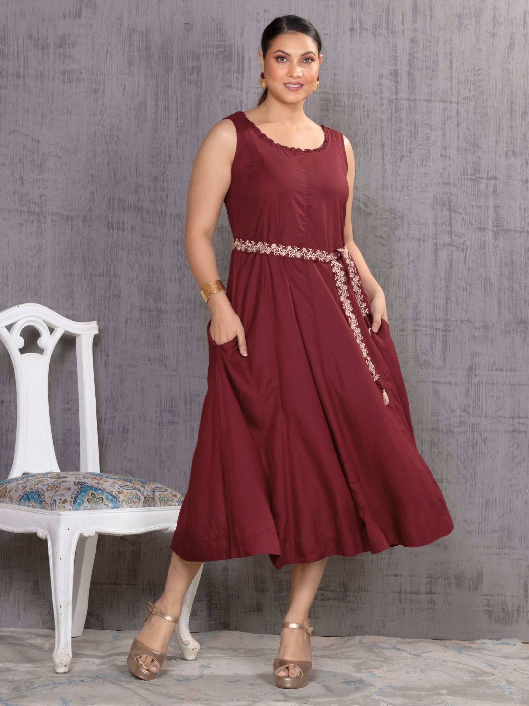 Vintage Wine Parsi Gara Belted A-Line Dress