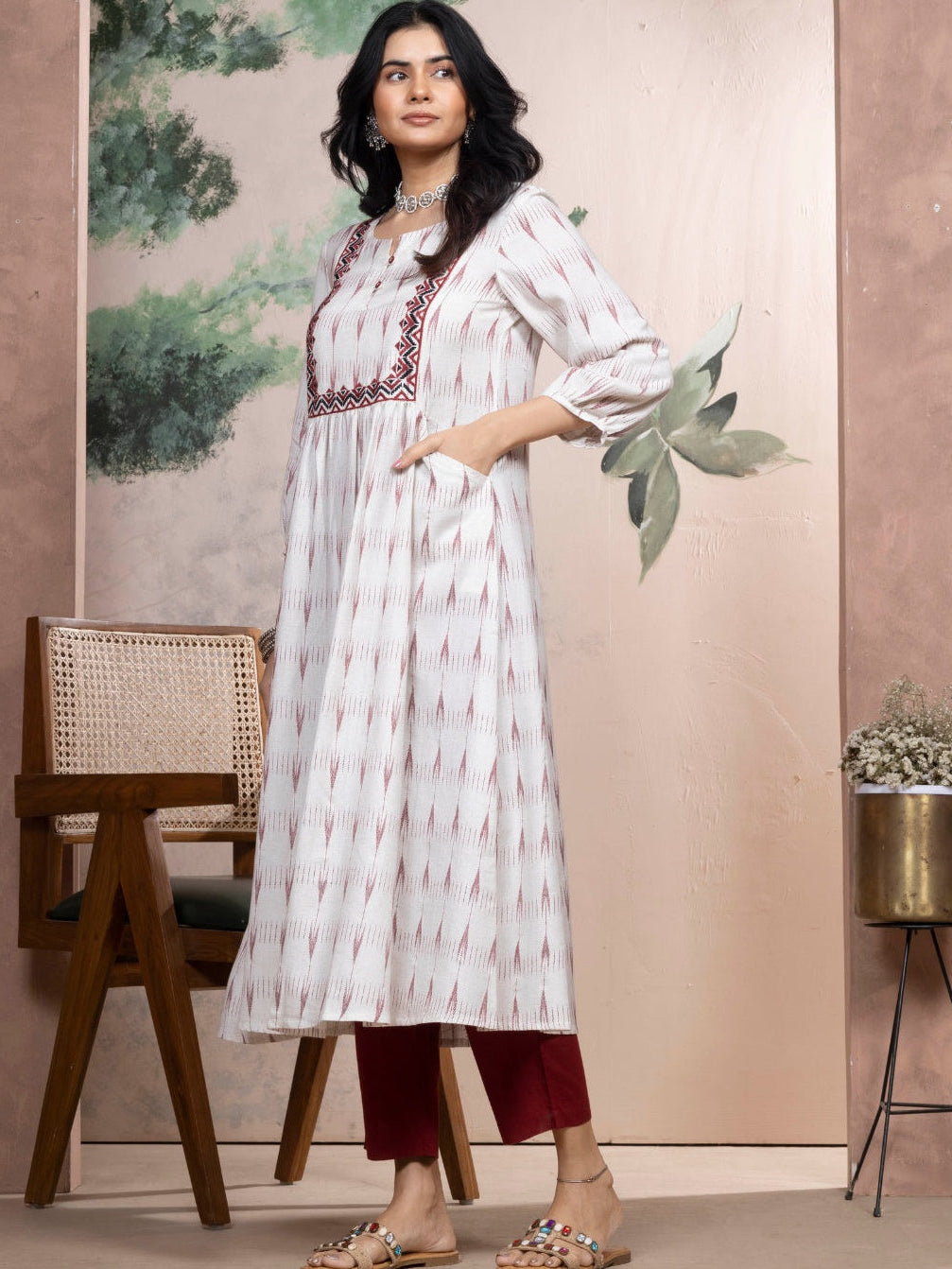 Ecru Dobby Kurta with Deep Red Motifs & Embroidered Yoke