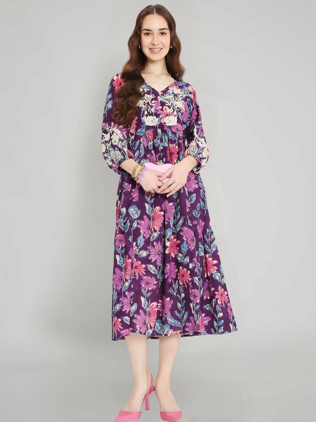 Purple Floral Print Cotton Dress with Neck Embroidery