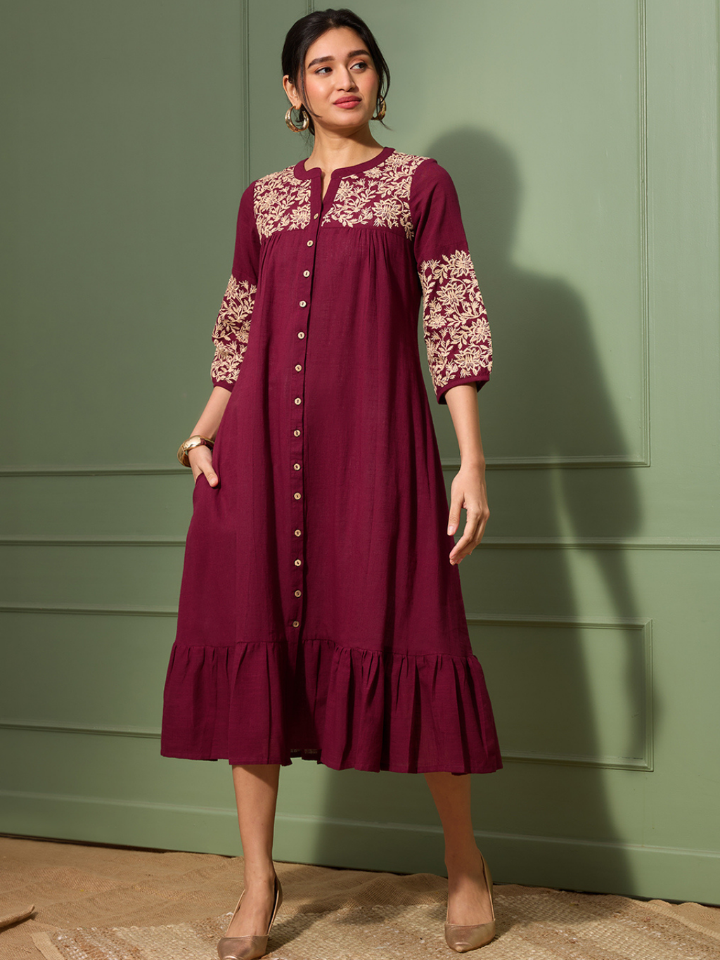 Burgundy Boho Chic Embroidered Dress