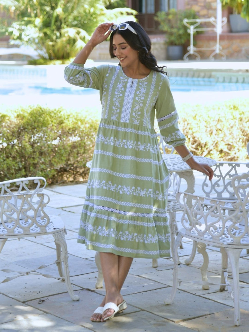 Pastel Green Boho Embroidered Midi Dress