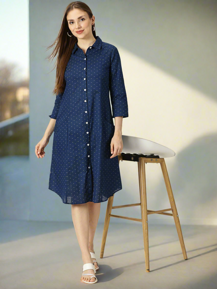 Navy Blue Printed Midi Shirt Dress