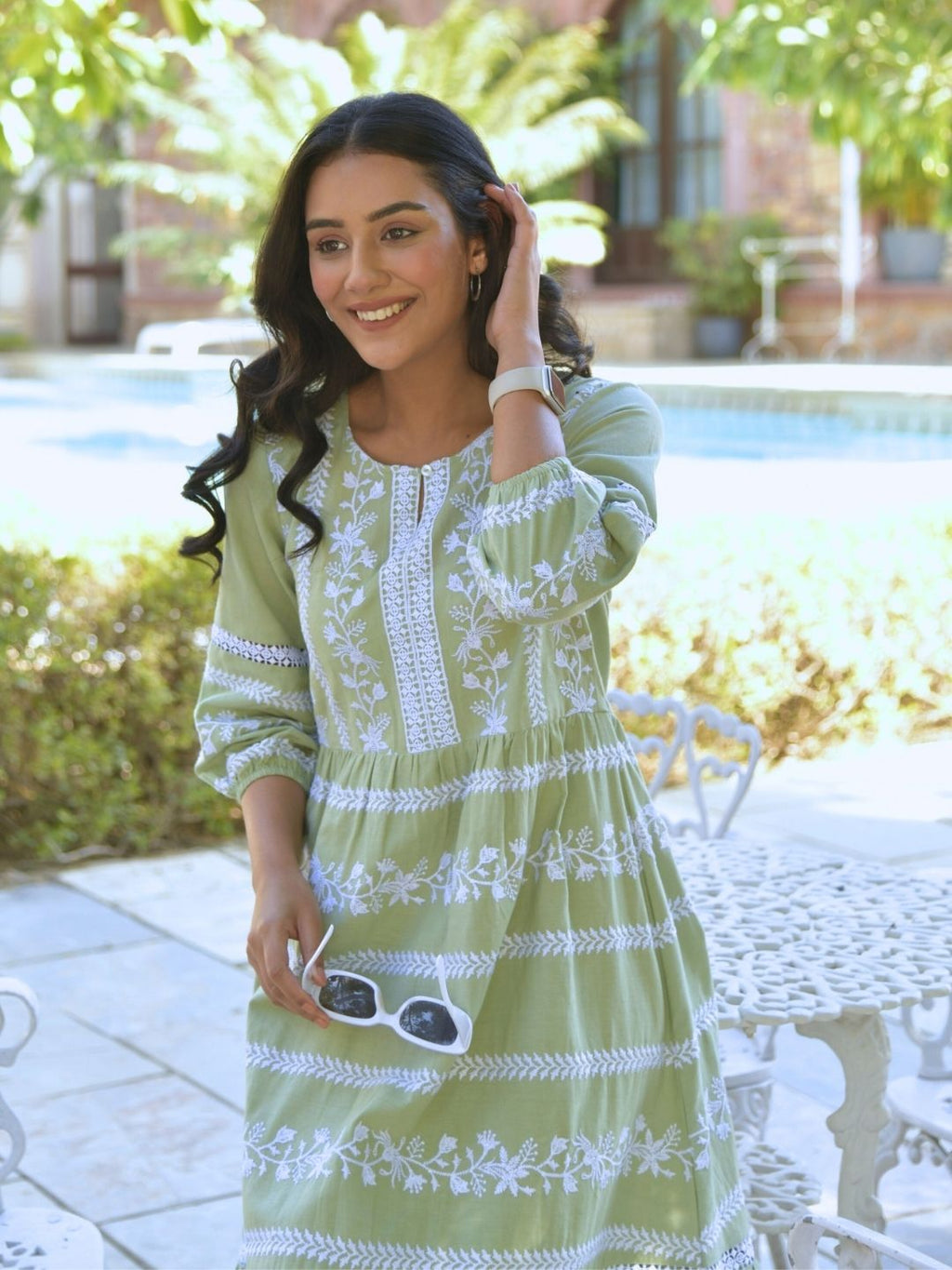 Pastel Green Boho Embroidered Midi Dress