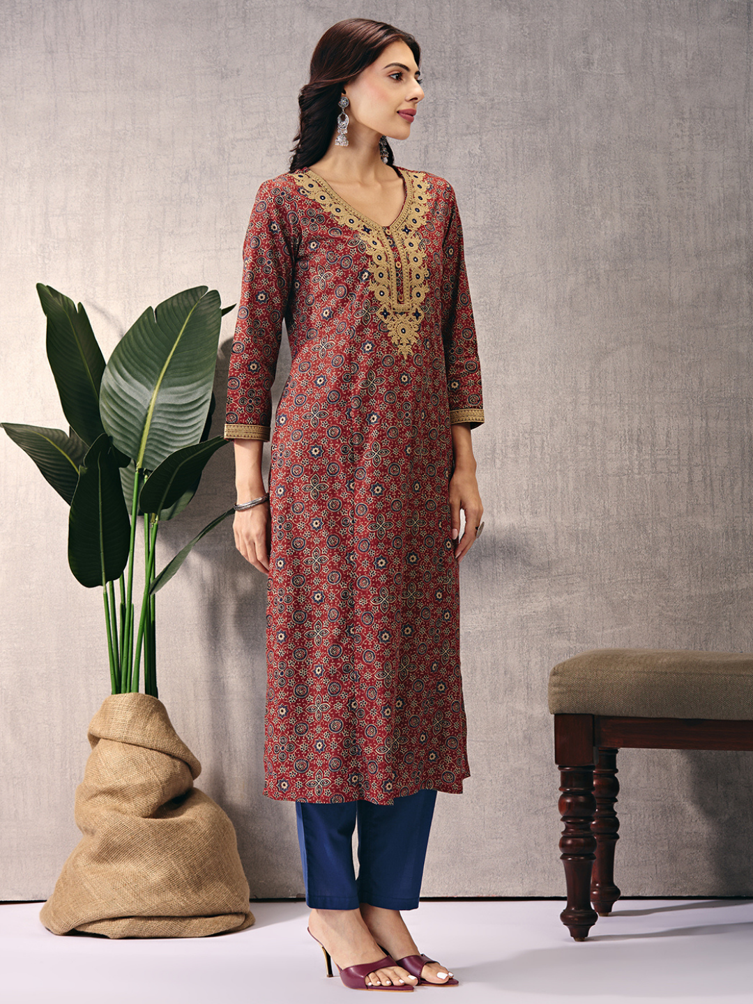 Maroon Sanganeri Block Motifs Kurta with Embroidery