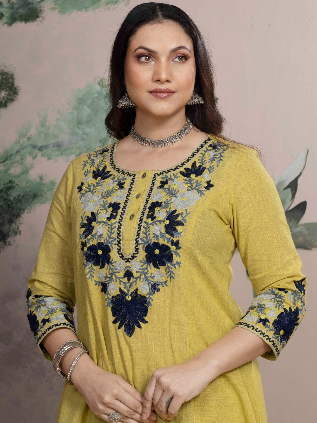 Lime Blossom Kashida Embroidered A-Line Cotton Kurta Set with Salwar
