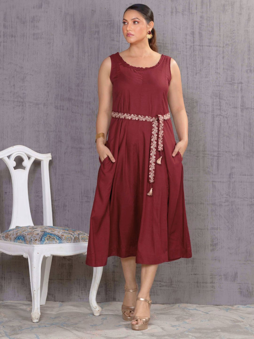 Vintage Wine Parsi Gara Belted A-Line Dress