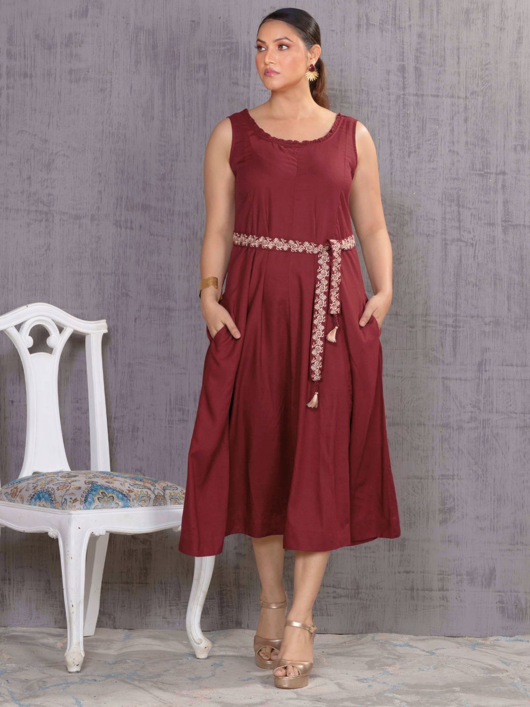 Vintage Wine Parsi Gara Belted A-Line Dress