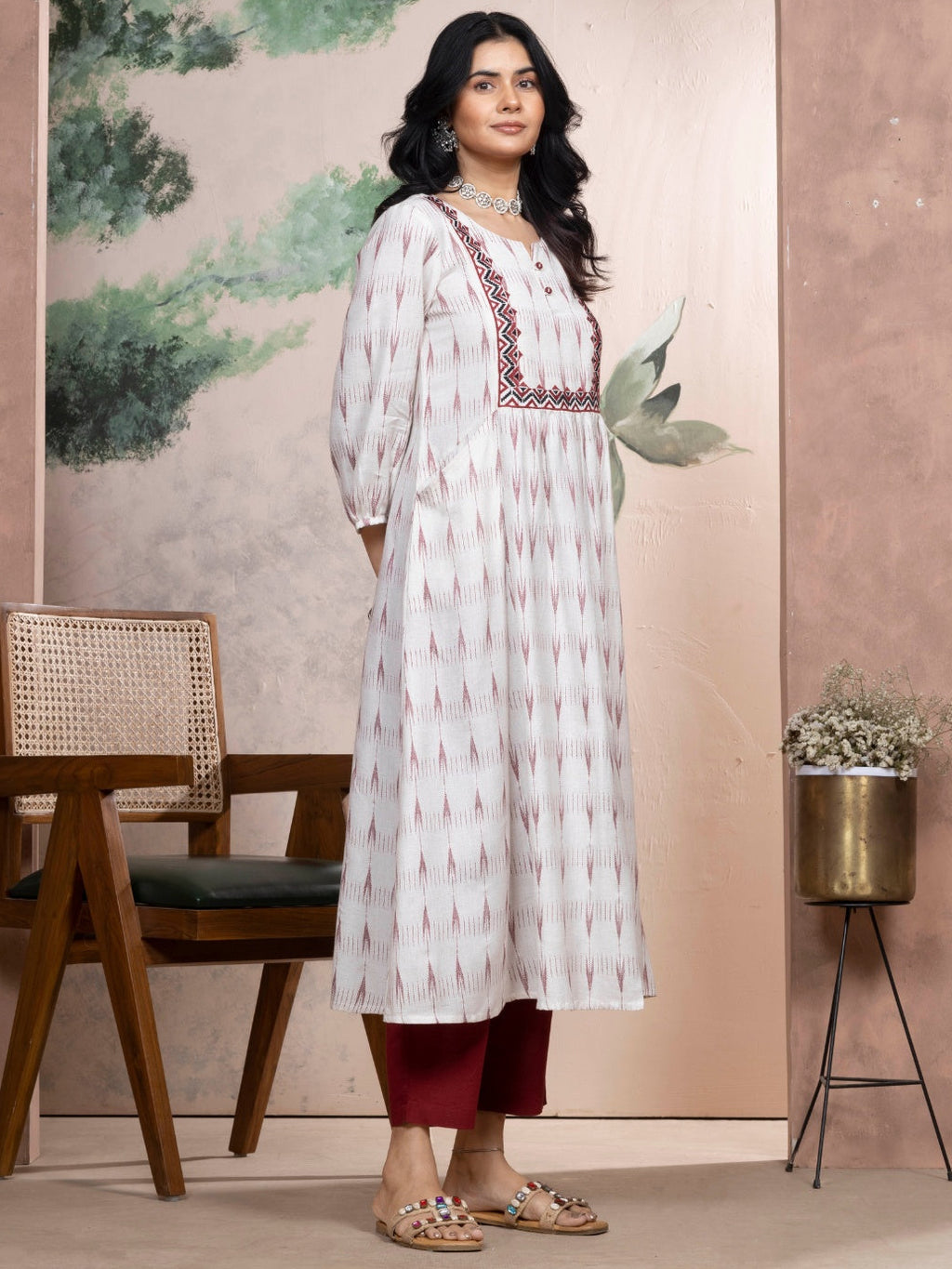 Ecru Dobby Kurta with Deep Red Motifs & Embroidered Yoke