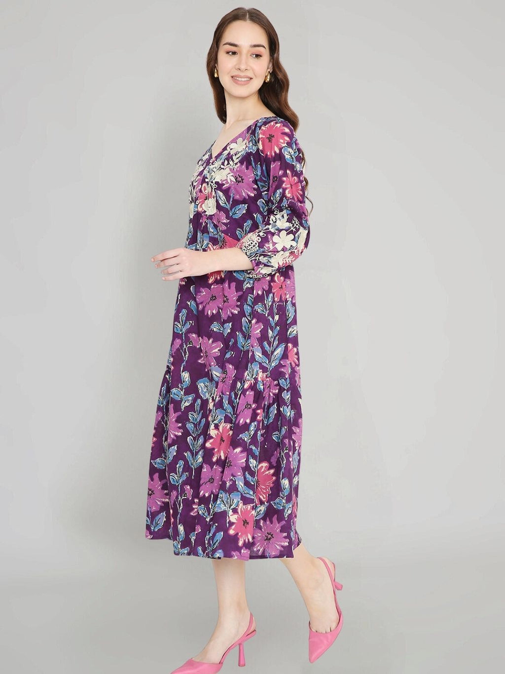 Purple Floral Print Cotton Dress with Neck Embroidery