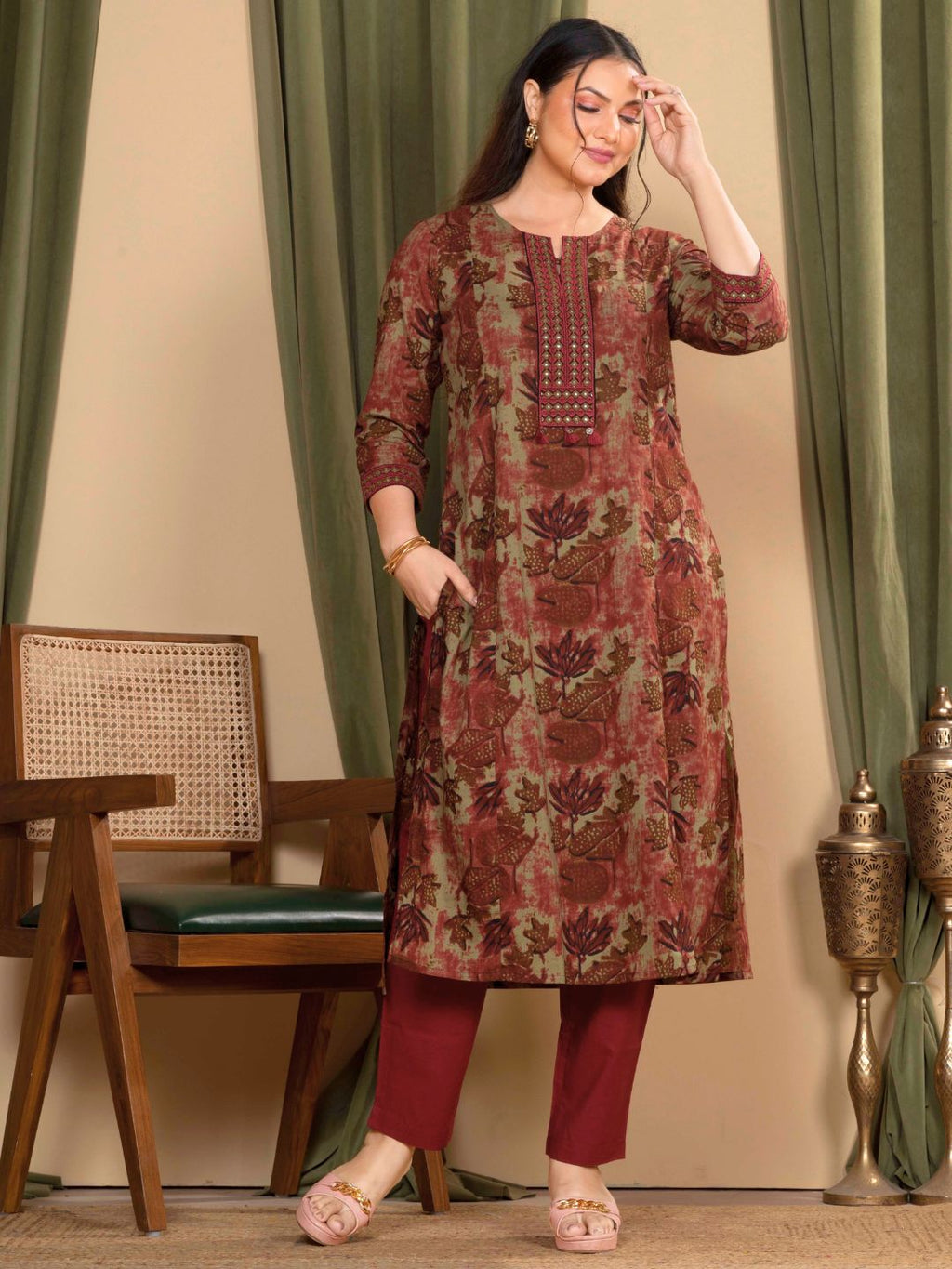 Rust Cotton Floral Sanganeri Kurta with Ornate Embroidered Neckline