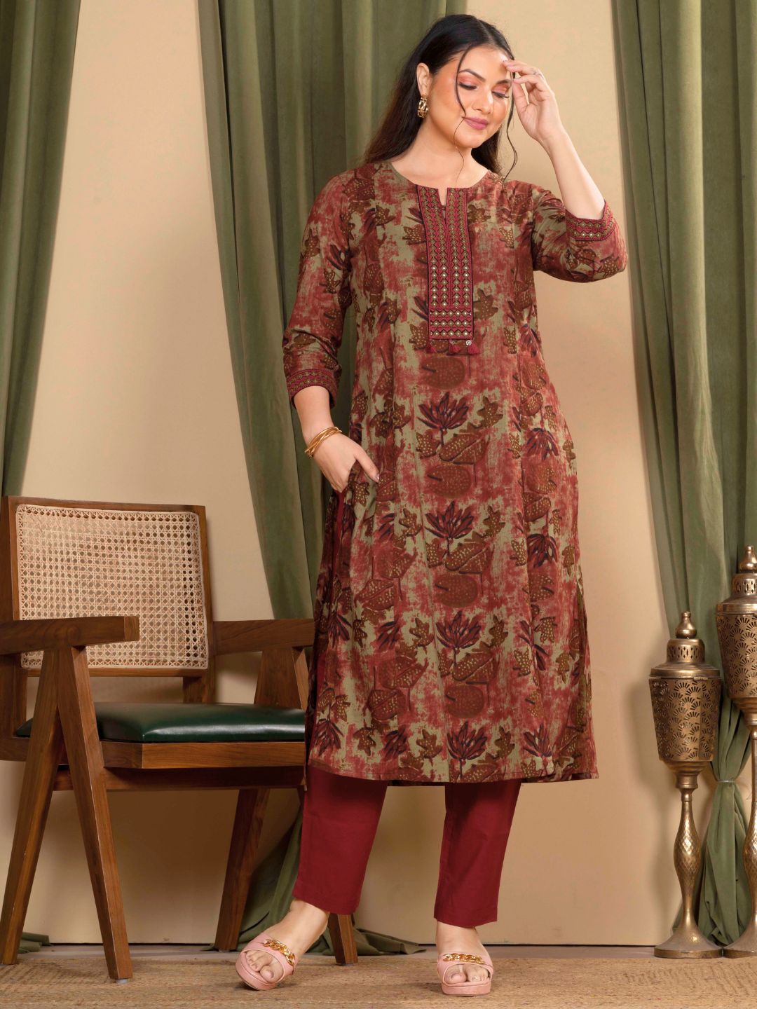 Rust Cotton Floral Sanganeri Kurta with Ornate Embroidered Neckline