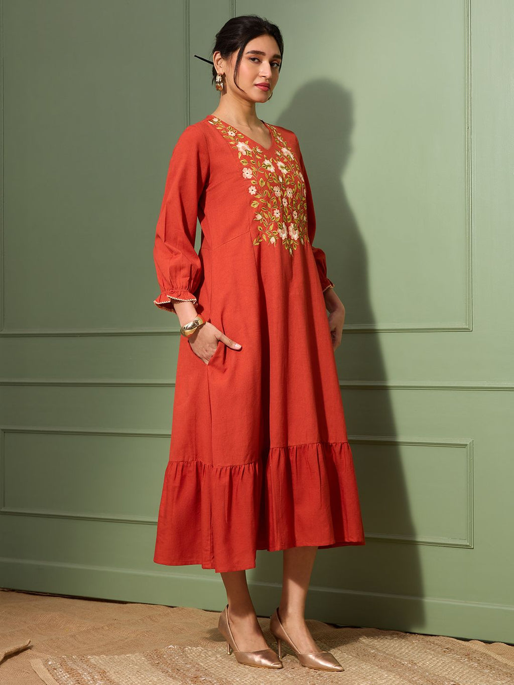 Terracotta Rust Embroidered Cotton Linen Dress