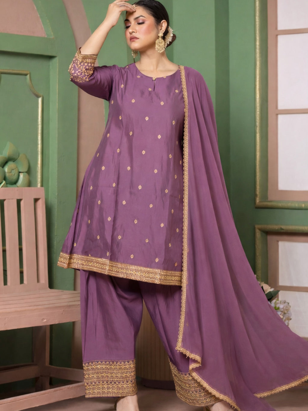 Dusty Plum Kashida Embroidered A-Line Kurta with Farshi Salwar and Dupatta
