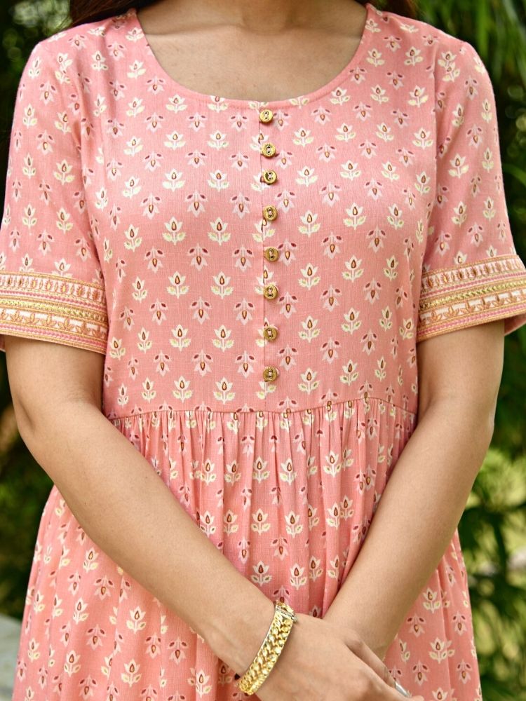Peach Floral Print Rayon Kurta with Embroidery Border