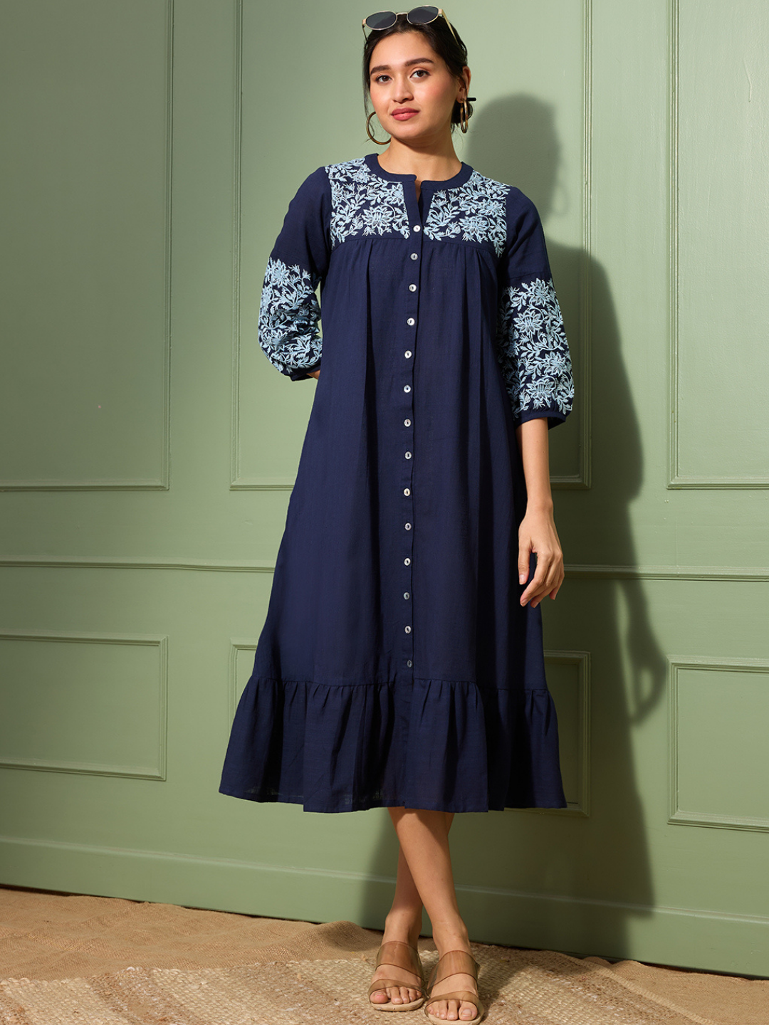 Prussian Blue Boho Chic Embroidered Dress