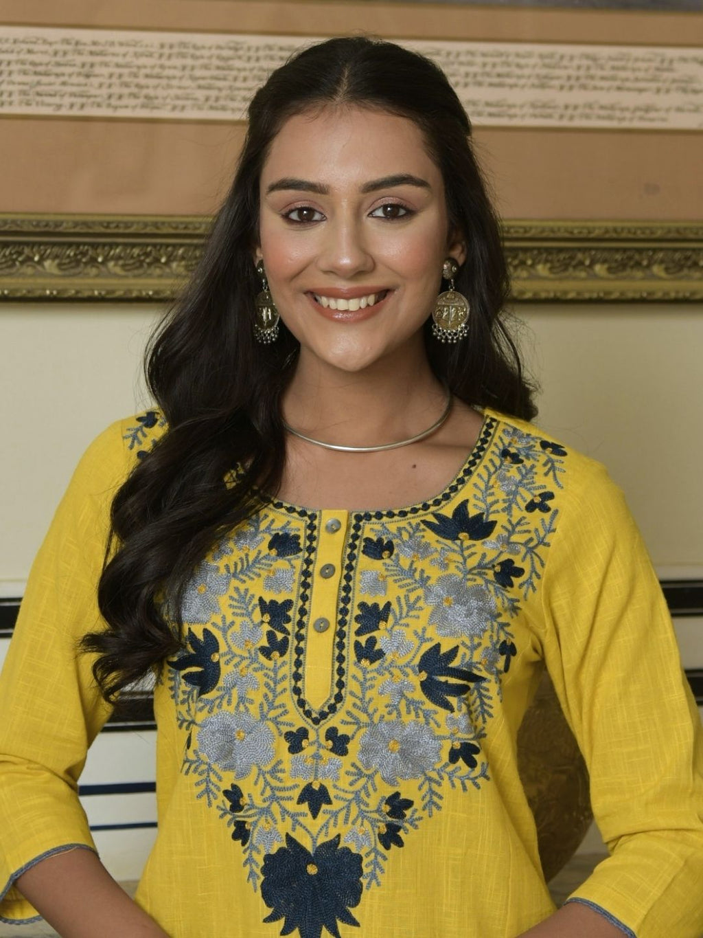 Yellow Slub Kurta with Kashida Embroidery